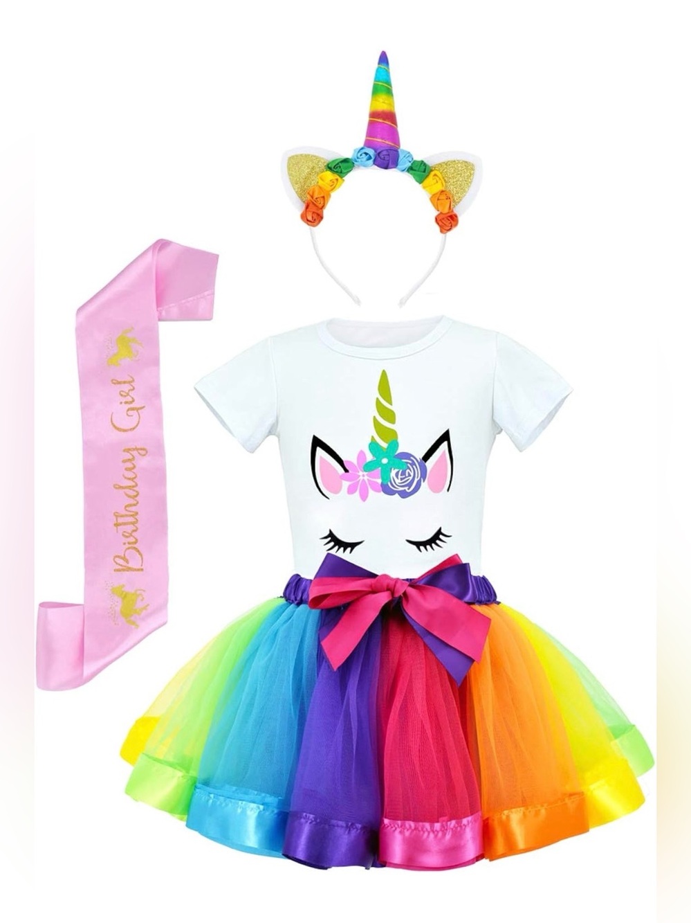 Girls Unicorn Costume Birthday Rainbow Tutu Set Shirt Headband Sash
